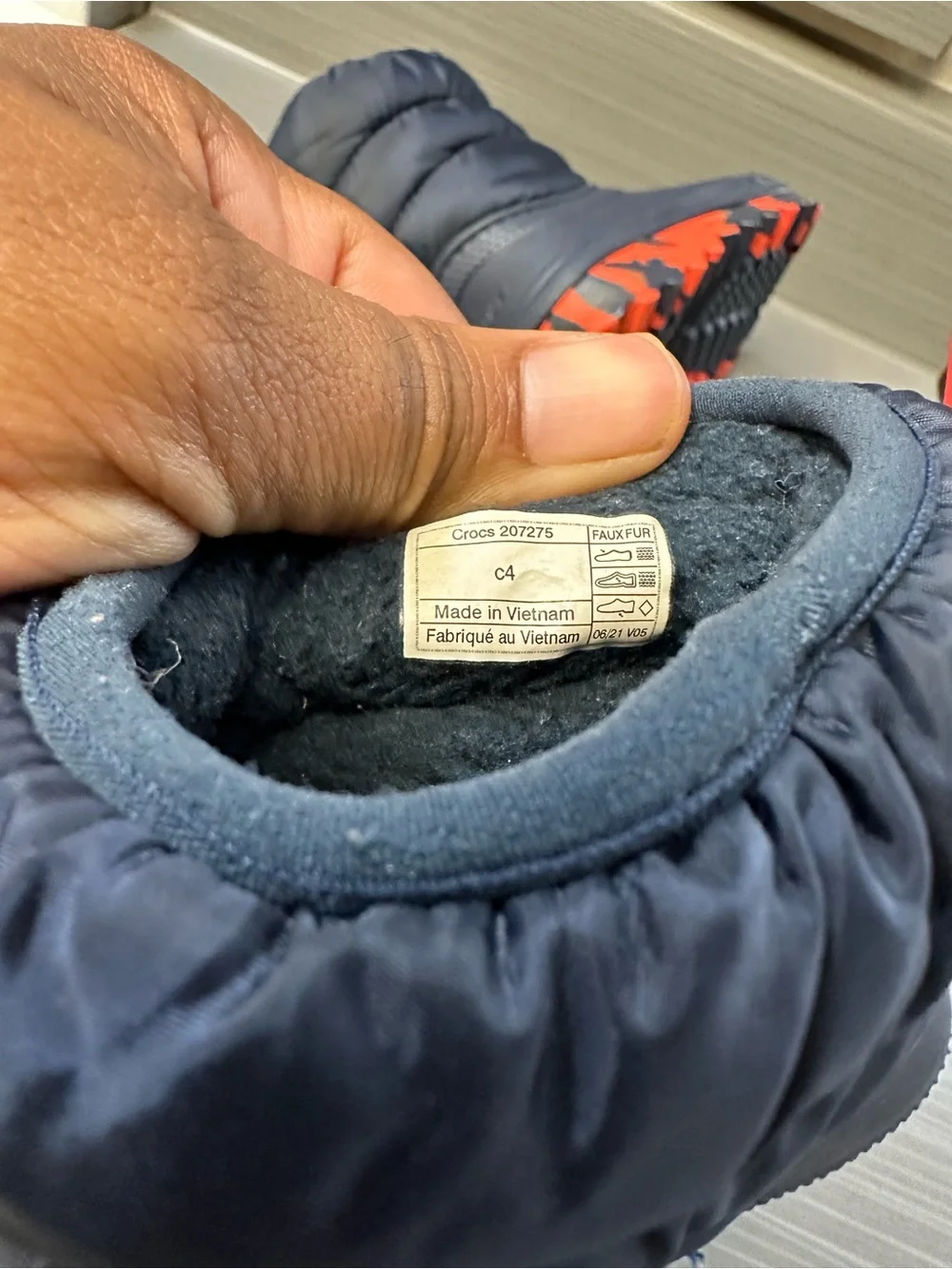 CROCS Navy and Orange Kids' Puffer Winter Clogs